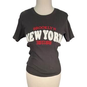 On Fire Brooklyn New York 100% Cotton Ribbed Black White & Red Fitted T-Shirt